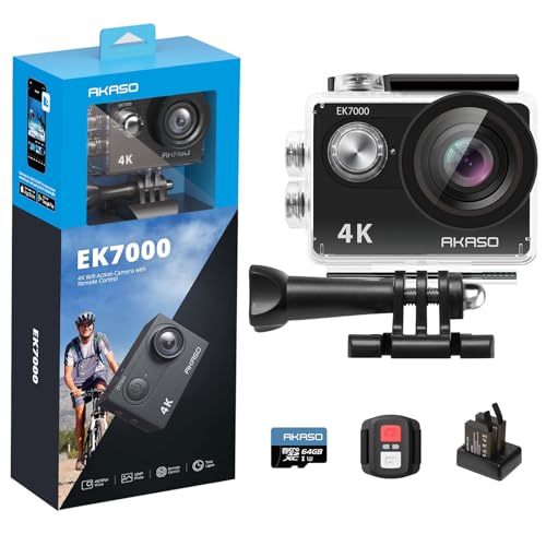 AKASO EK7000 Cámara Deportiva 4K con Tarjeta de Memoria microSDXC de 64GB Cámara de acción 4K 20MP WiFi Gran Ángulo 170° con EIS Control Remoto 2.4G Camara Acuatica Sumergible 30M 2 Baterías